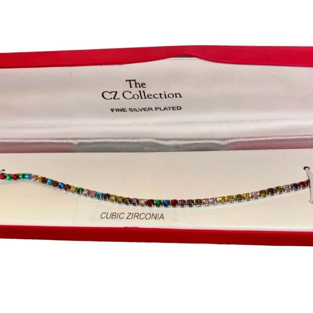 Elegant Silver-Plated Multi-Color CZ Tennis Bracelet 7.25" with Secure Clasp - Picture 3 of 4